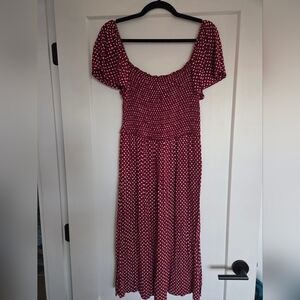 NEXT Burgundy Shirred Polka Dot Midi Dress